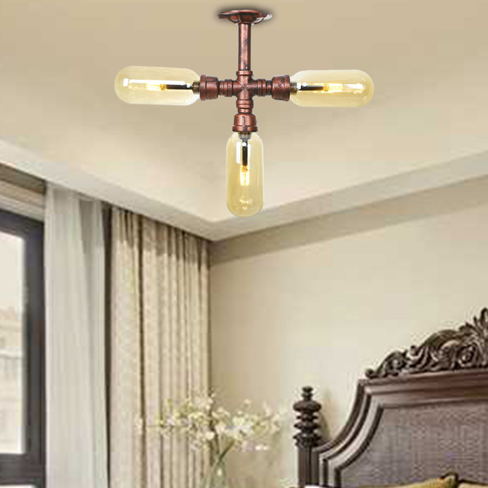 Amber Glass Semi Flush Mount Industrial Capsule Shade 3/4/5 Lights Ceiling Light in Weathered Copper with Pipe Design Weathered Copper B Clearhalo 'Ceiling Lights' 'Close To Ceiling Lights' 'Close to ceiling' 'Semi-flushmount' Lighting' 199318