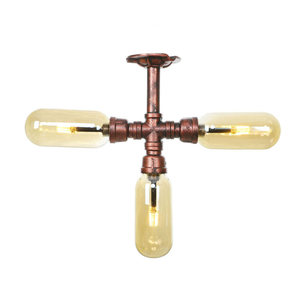 Amber Glass Semi Flush Mount Industrial Capsule Shade 3/4/5 Lights Ceiling Light in Weathered Copper with Pipe Design Clearhalo 'Ceiling Lights' 'Close To Ceiling Lights' 'Close to ceiling' 'Semi-flushmount' Lighting' 199320