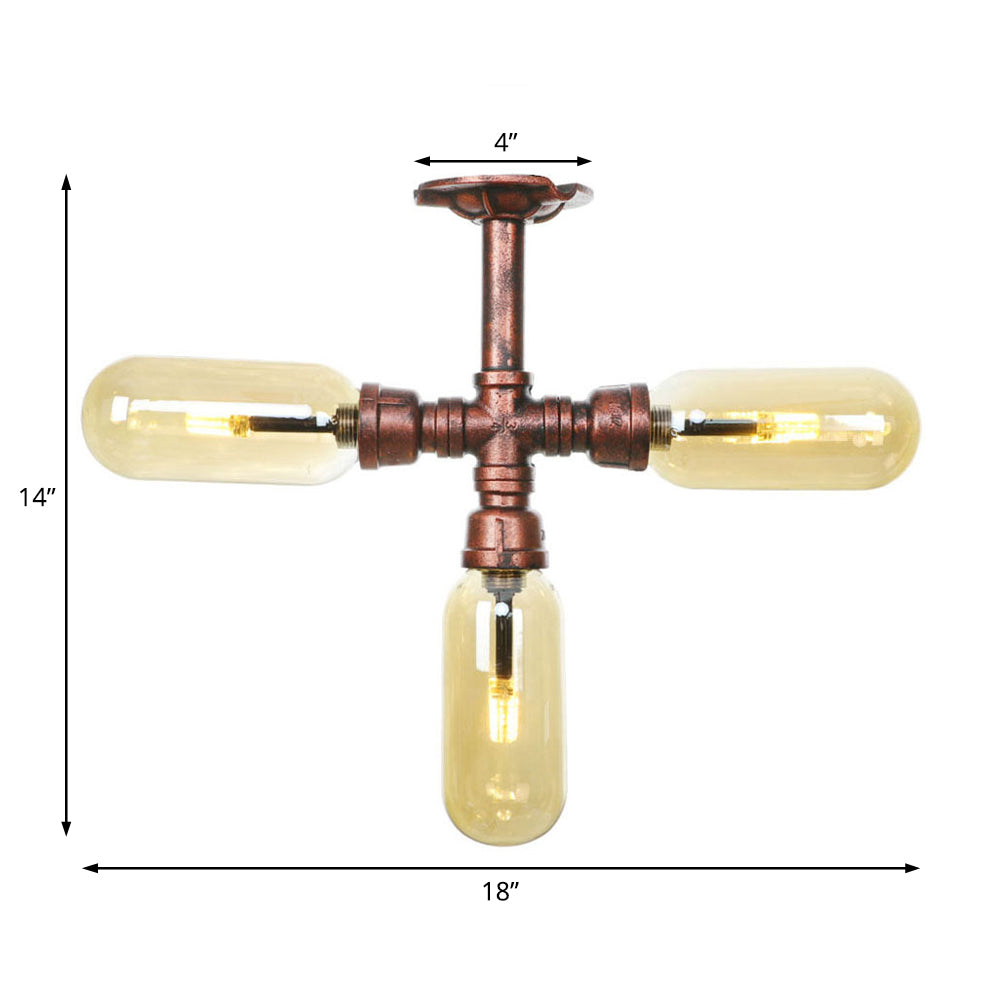 Amber Glass Semi Flush Mount Industrial Capsule Shade 3/4/5 Lights Ceiling Light in Weathered Copper with Pipe Design Clearhalo 'Ceiling Lights' 'Close To Ceiling Lights' 'Close to ceiling' 'Semi-flushmount' Lighting' 199321