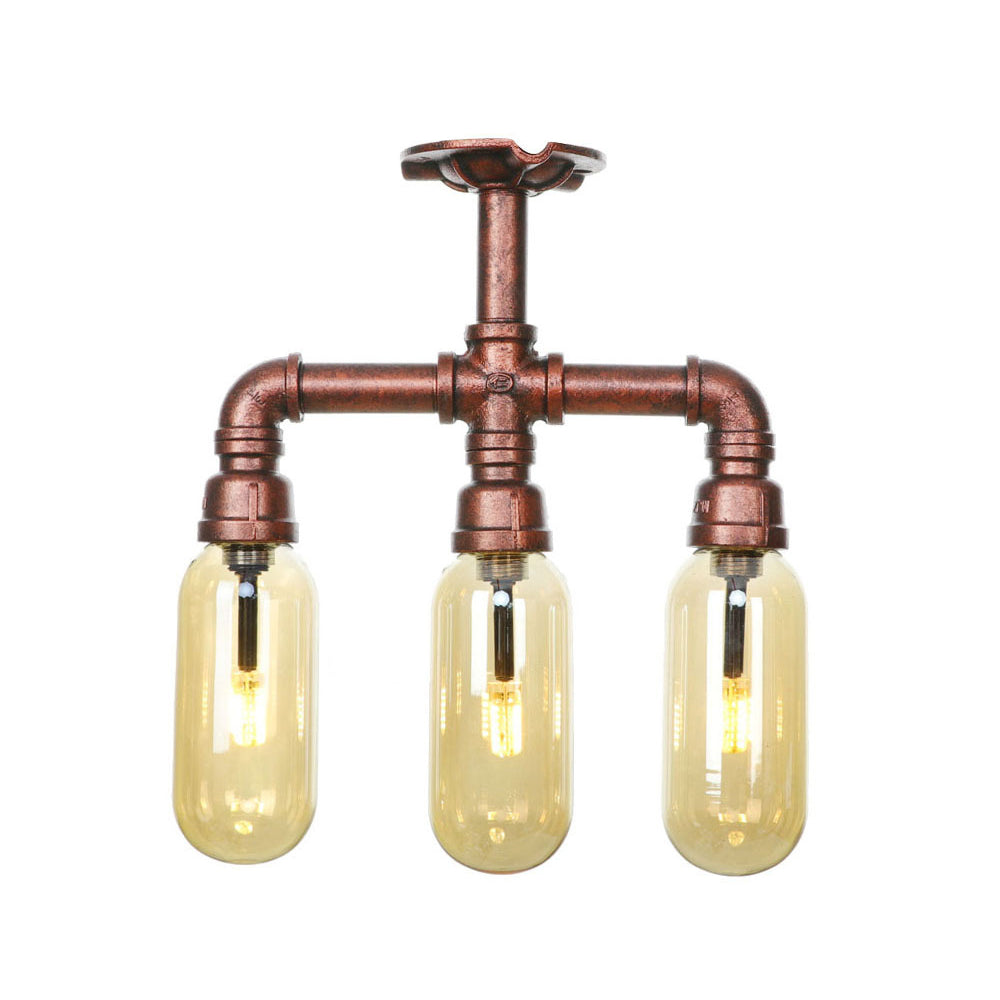 Amber Glass Semi Flush Mount Industrial Capsule Shade 3/4/5 Lights Ceiling Light in Weathered Copper with Pipe Design Clearhalo 'Ceiling Lights' 'Close To Ceiling Lights' 'Close to ceiling' 'Semi-flushmount' Lighting' 199324