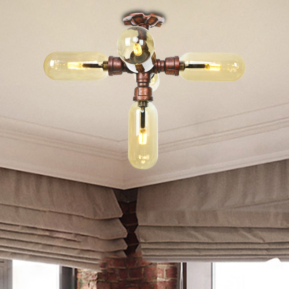 Amber Glass Semi Flush Mount Industrial Capsule Shade 3/4/5 Lights Ceiling Light in Weathered Copper with Pipe Design Weathered Copper D Clearhalo 'Ceiling Lights' 'Close To Ceiling Lights' 'Close to ceiling' 'Semi-flushmount' Lighting' 199326