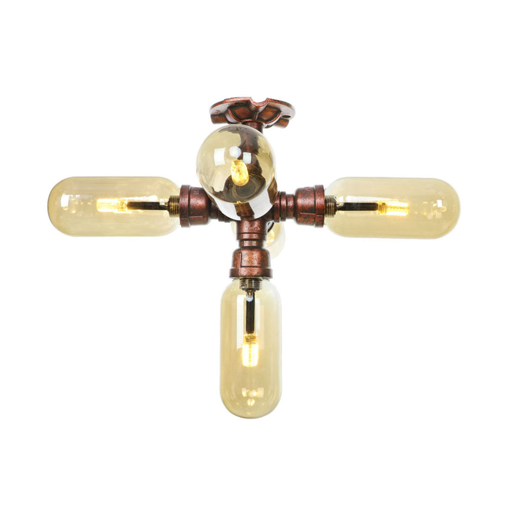 Amber Glass Semi Flush Mount Industrial Capsule Shade 3/4/5 Lights Ceiling Light in Weathered Copper with Pipe Design Clearhalo 'Ceiling Lights' 'Close To Ceiling Lights' 'Close to ceiling' 'Semi-flushmount' Lighting' 199328