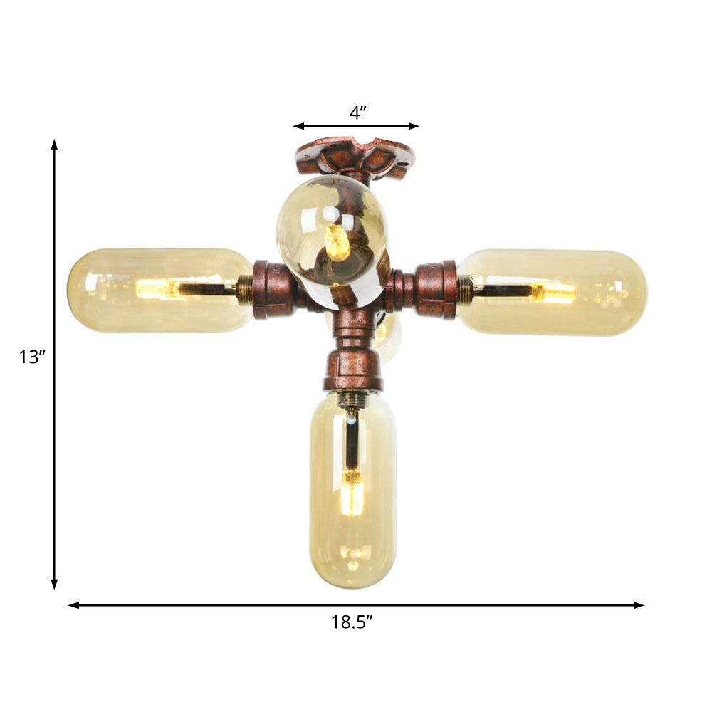 Amber Glass Semi Flush Mount Industrial Capsule Shade 3/4/5 Lights Ceiling Light in Weathered Copper with Pipe Design Clearhalo 'Ceiling Lights' 'Close To Ceiling Lights' 'Close to ceiling' 'Semi-flushmount' Lighting' 199329