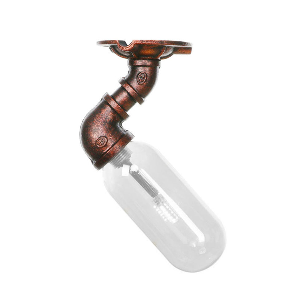 Weathered Copper Single Light Ceiling Lighting Industrial Clear Glass Capsule Shade Semi Flush Light with Pipe Design Clearhalo 'Ceiling Lights' 'Close To Ceiling Lights' 'Close to ceiling' 'Semi-flushmount' Lighting' 199346