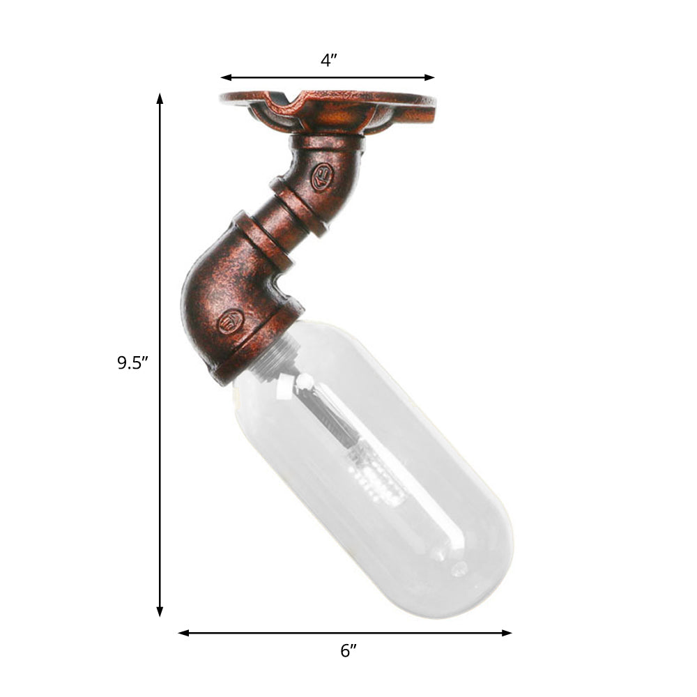 Weathered Copper Single Light Ceiling Lighting Industrial Clear Glass Capsule Shade Semi Flush Light with Pipe Design Clearhalo 'Ceiling Lights' 'Close To Ceiling Lights' 'Close to ceiling' 'Semi-flushmount' Lighting' 199347