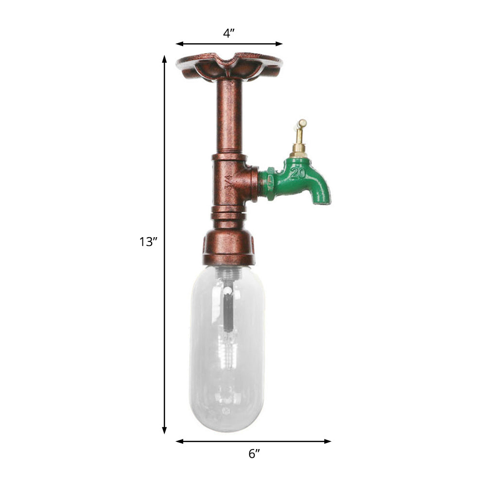 Weathered Copper Single Light Ceiling Lighting Industrial Clear Glass Capsule Shade Semi Flush Light with Pipe Design Clearhalo 'Ceiling Lights' 'Close To Ceiling Lights' 'Close to ceiling' 'Semi-flushmount' Lighting' 199351