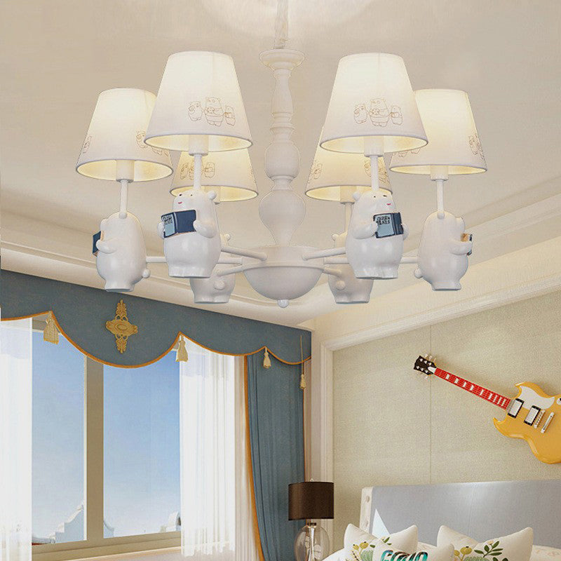 Cartoon Tapered Shade Hanging Lights 6 Lights Fabric Hanging Chandelier in White for Living Room Clearhalo 'Ceiling Lights' 'Chandeliers' Lighting' options 199368