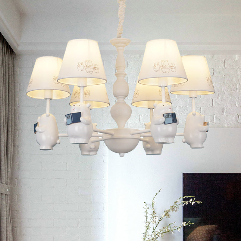 Cartoon Tapered Shade Hanging Lights 6 Lights Fabric Hanging Chandelier in White for Living Room Clearhalo 'Ceiling Lights' 'Chandeliers' Lighting' options 199369