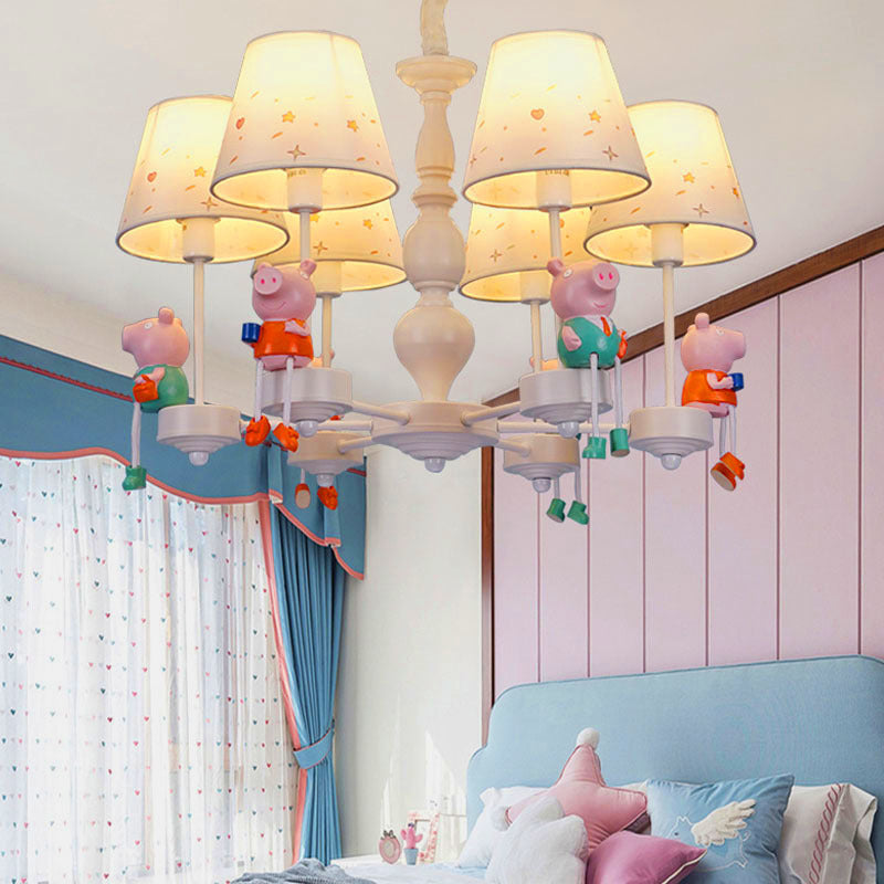 Cartoon White Hanging Lamp with Tapered Shade 6 Lights Fabric Hanging Chandelier for Kid Bedroom White Clearhalo 'Ceiling Lights' 'Chandeliers' Lighting' options 199390_d8118d5f-4836-41de-bd69-050439c9f3b5