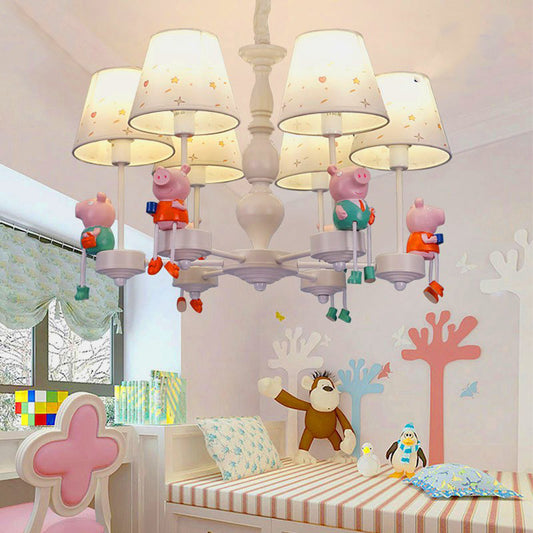 Cartoon White Hanging Lamp with Tapered Shade 6 Lights Fabric Hanging Chandelier for Kid Bedroom Clearhalo 'Ceiling Lights' 'Chandeliers' Lighting' options 199391