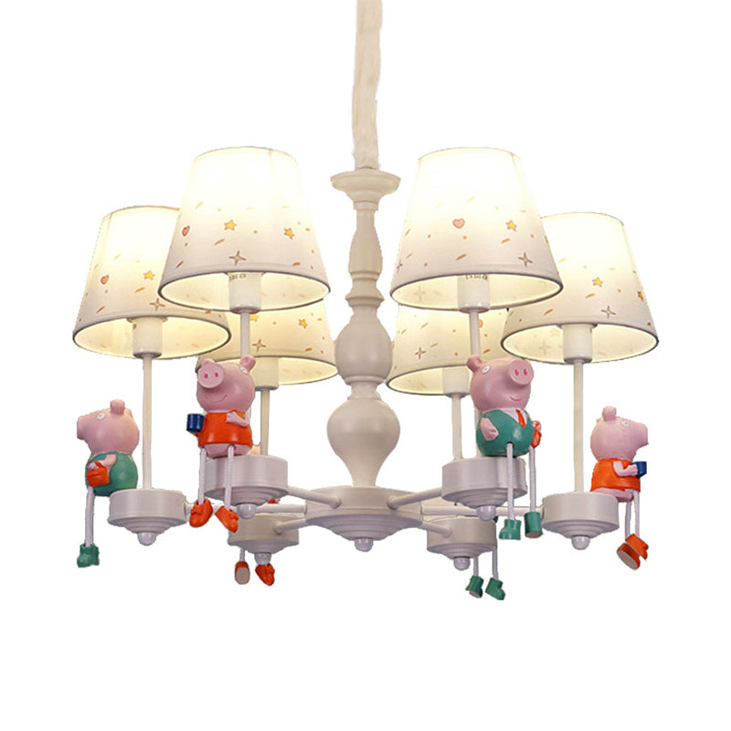 Cartoon White Hanging Lamp with Tapered Shade 6 Lights Fabric Hanging Chandelier for Kid Bedroom Clearhalo 'Ceiling Lights' 'Chandeliers' Lighting' options 199392