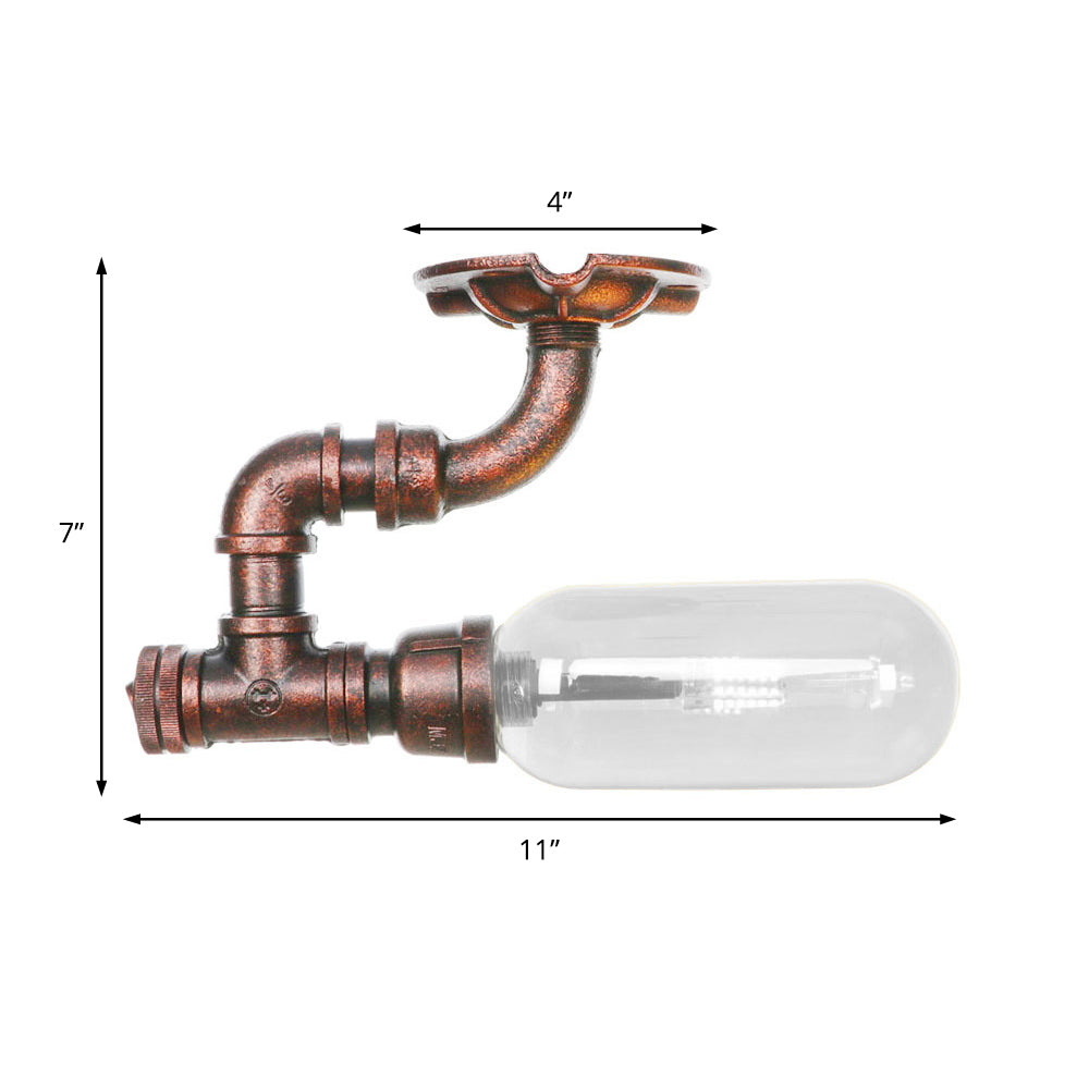 1 Light Ceiling Light Fixture Oval Shade Clear Glass Industrial Bathroom Semi Flush in Weathered Copper with Pipe Design Clearhalo 'Ceiling Lights' 'Close To Ceiling Lights' 'Close to ceiling' 'Semi-flushmount' Lighting' 199397