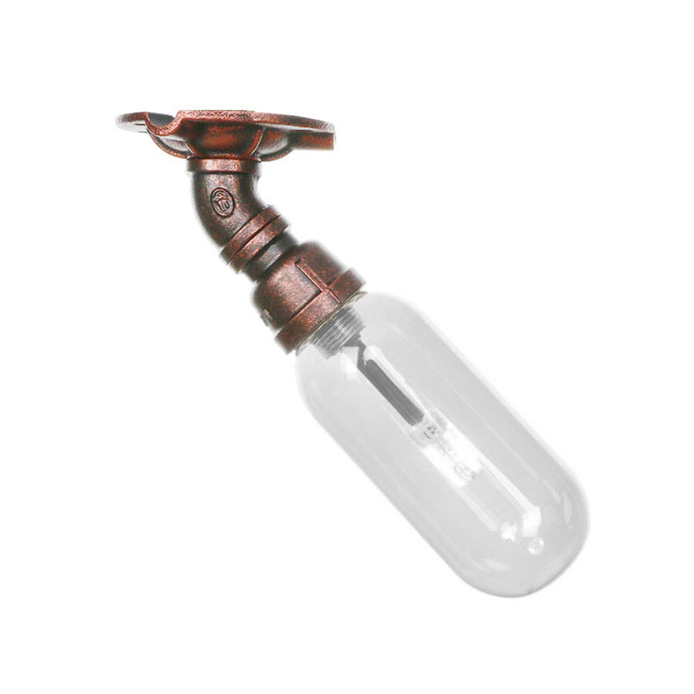 1 Light Ceiling Light Fixture Oval Shade Clear Glass Industrial Bathroom Semi Flush in Weathered Copper with Pipe Design Clearhalo 'Ceiling Lights' 'Close To Ceiling Lights' 'Close to ceiling' 'Semi-flushmount' Lighting' 199400