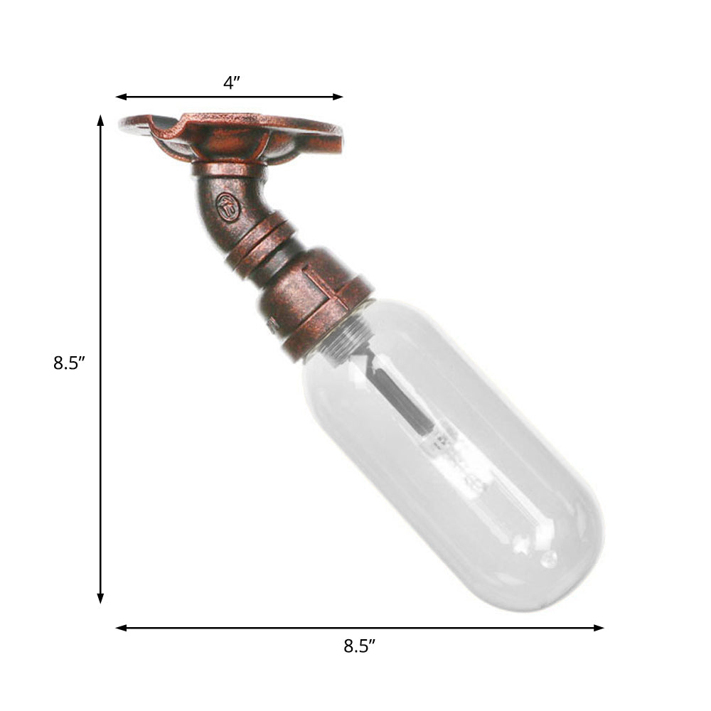 1 Light Ceiling Light Fixture Oval Shade Clear Glass Industrial Bathroom Semi Flush in Weathered Copper with Pipe Design Clearhalo 'Ceiling Lights' 'Close To Ceiling Lights' 'Close to ceiling' 'Semi-flushmount' Lighting' 199401