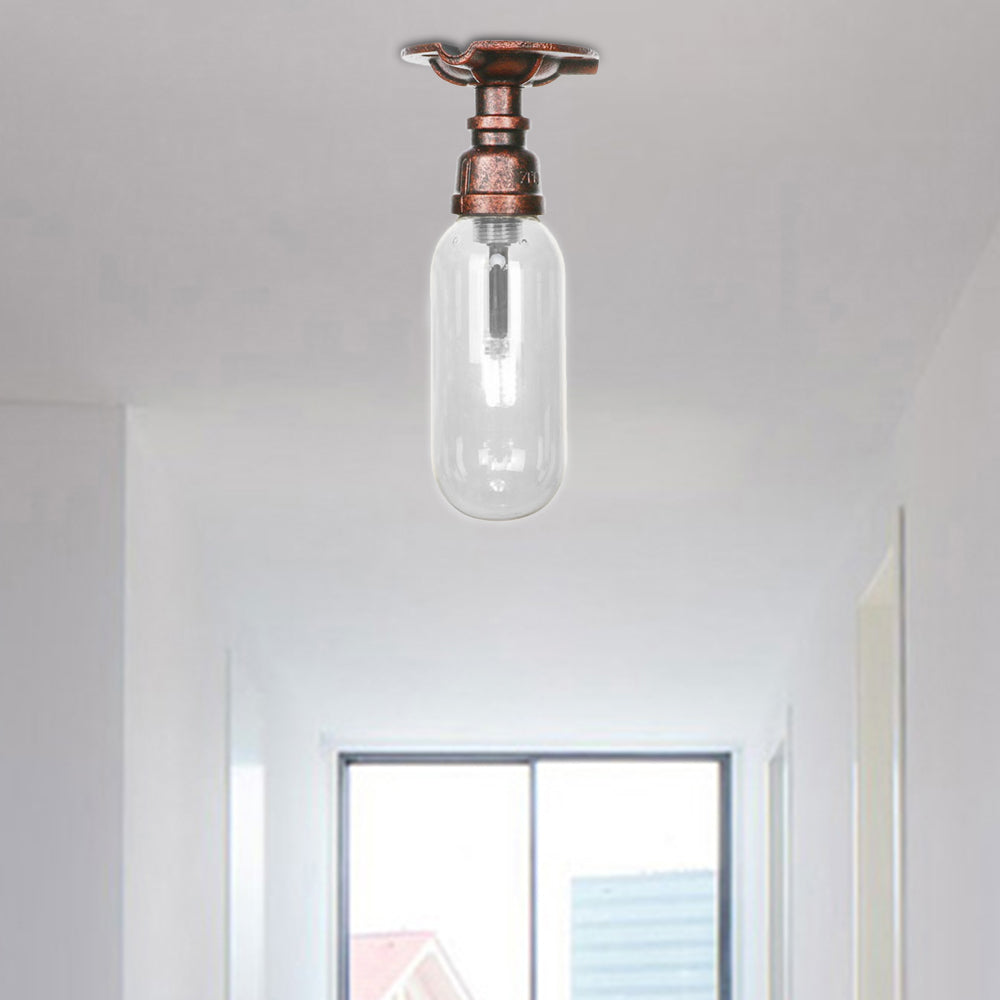 1 Light Ceiling Light Fixture Oval Shade Clear Glass Industrial Bathroom Semi Flush in Weathered Copper with Pipe Design Weathered Copper C Clearhalo 'Ceiling Lights' 'Close To Ceiling Lights' 'Close to ceiling' 'Semi-flushmount' Lighting' 199402