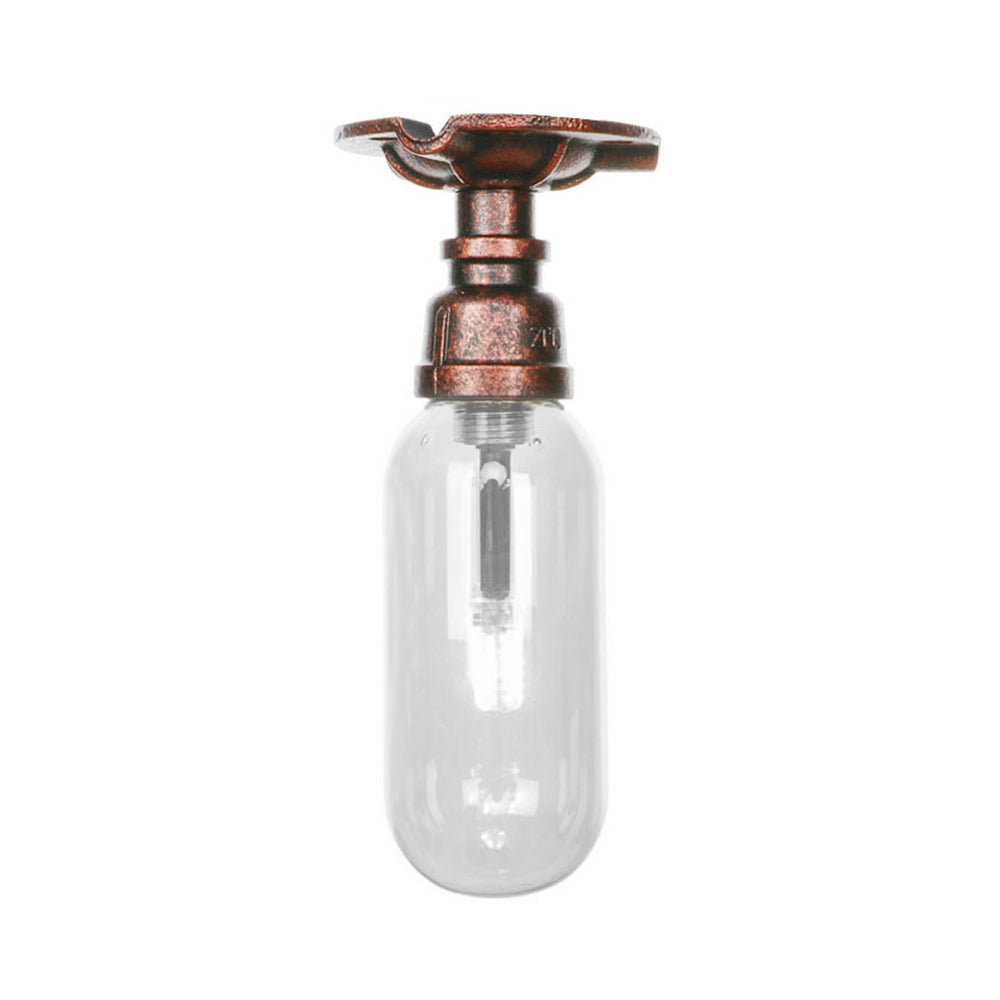 1 Light Ceiling Light Fixture Oval Shade Clear Glass Industrial Bathroom Semi Flush in Weathered Copper with Pipe Design Clearhalo 'Ceiling Lights' 'Close To Ceiling Lights' 'Close to ceiling' 'Semi-flushmount' Lighting' 199404