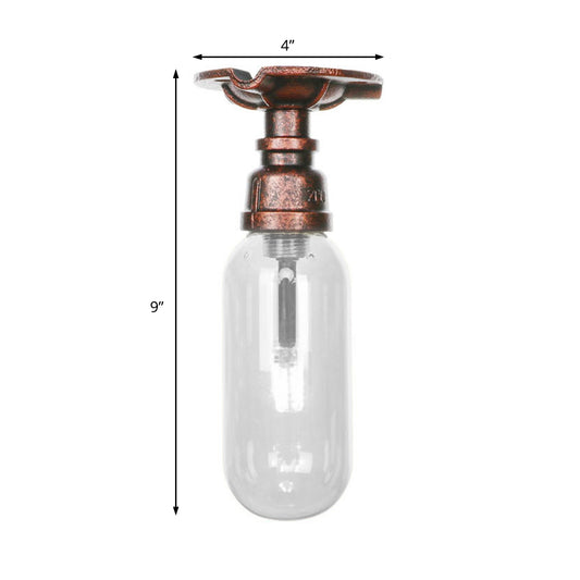 1 Light Ceiling Light Fixture Oval Shade Clear Glass Industrial Bathroom Semi Flush in Weathered Copper with Pipe Design Clearhalo 'Ceiling Lights' 'Close To Ceiling Lights' 'Close to ceiling' 'Semi-flushmount' Lighting' 199405