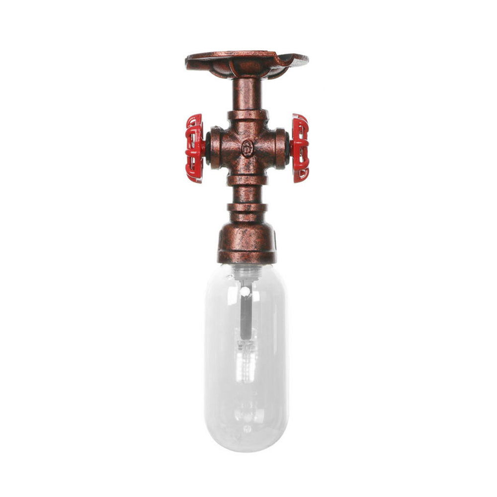 1 Light Ceiling Light Fixture Oval Shade Clear Glass Industrial Bathroom Semi Flush in Weathered Copper with Pipe Design Clearhalo 'Ceiling Lights' 'Close To Ceiling Lights' 'Close to ceiling' 'Semi-flushmount' Lighting' 199408