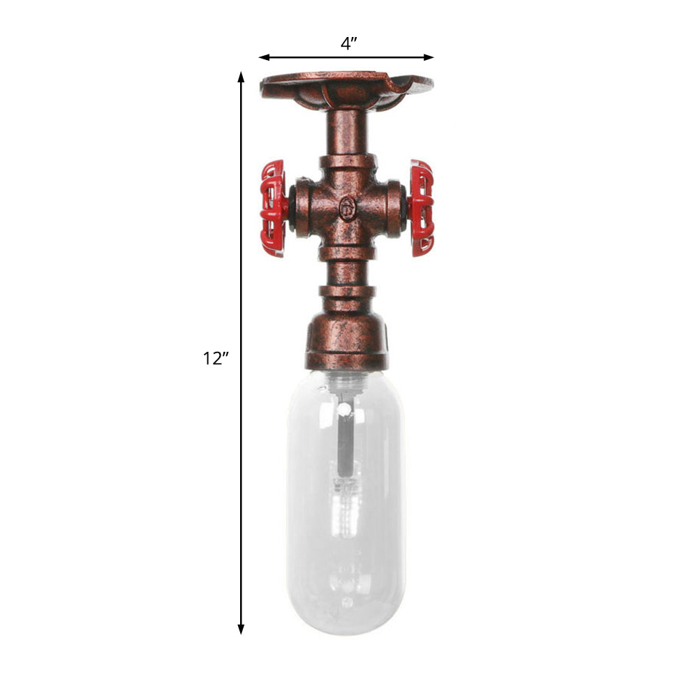 1 Light Ceiling Light Fixture Oval Shade Clear Glass Industrial Bathroom Semi Flush in Weathered Copper with Pipe Design Clearhalo 'Ceiling Lights' 'Close To Ceiling Lights' 'Close to ceiling' 'Semi-flushmount' Lighting' 199409