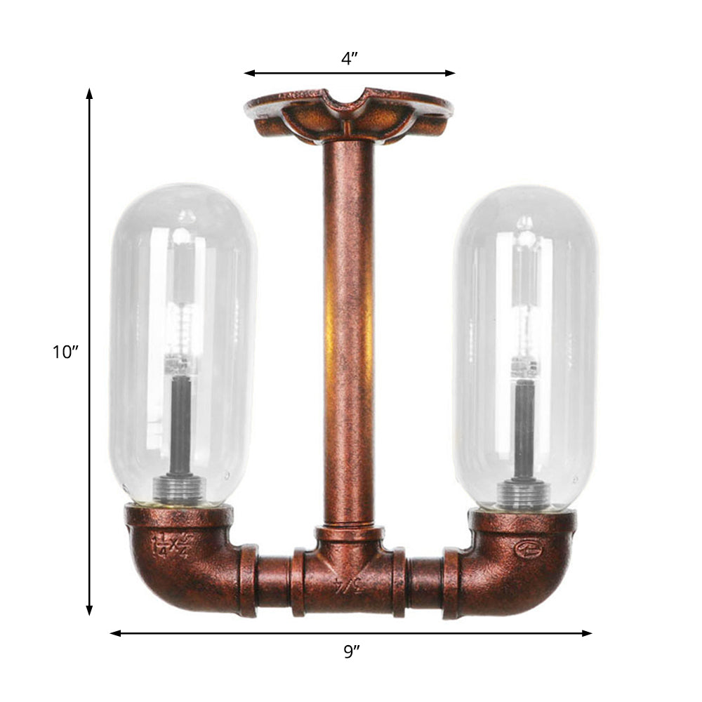 Capsule Dining Room Semi Flush Industrial Clear Glass 2 Lights Weathered Copper Ceiling Lighting with Pipe Design Clearhalo 'Ceiling Lights' 'Close To Ceiling Lights' 'Close to ceiling' 'Semi-flushmount' Lighting' 199444