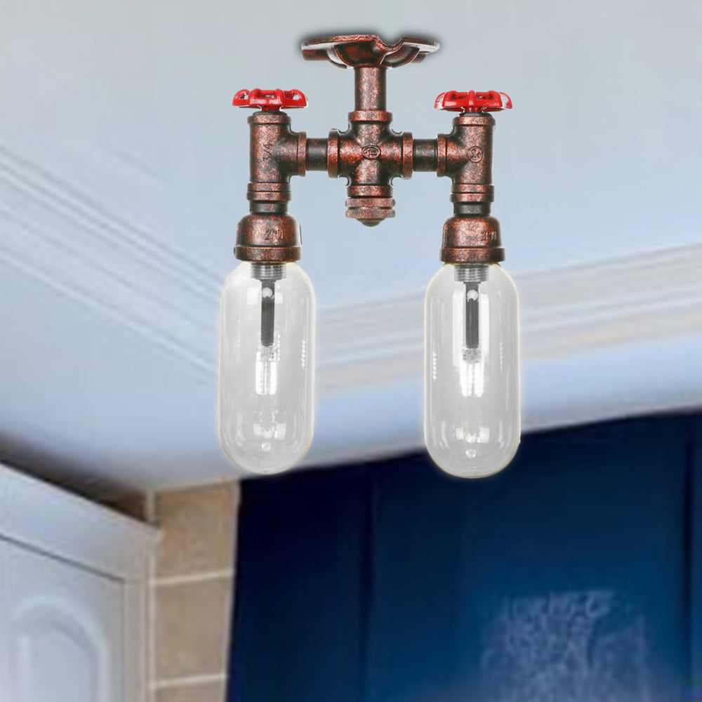 Capsule Dining Room Semi Flush Industrial Clear Glass 2 Lights Weathered Copper Ceiling Lighting with Pipe Design Weathered Copper A Clearhalo 'Ceiling Lights' 'Close To Ceiling Lights' 'Close to ceiling' 'Semi-flushmount' Lighting' 199445