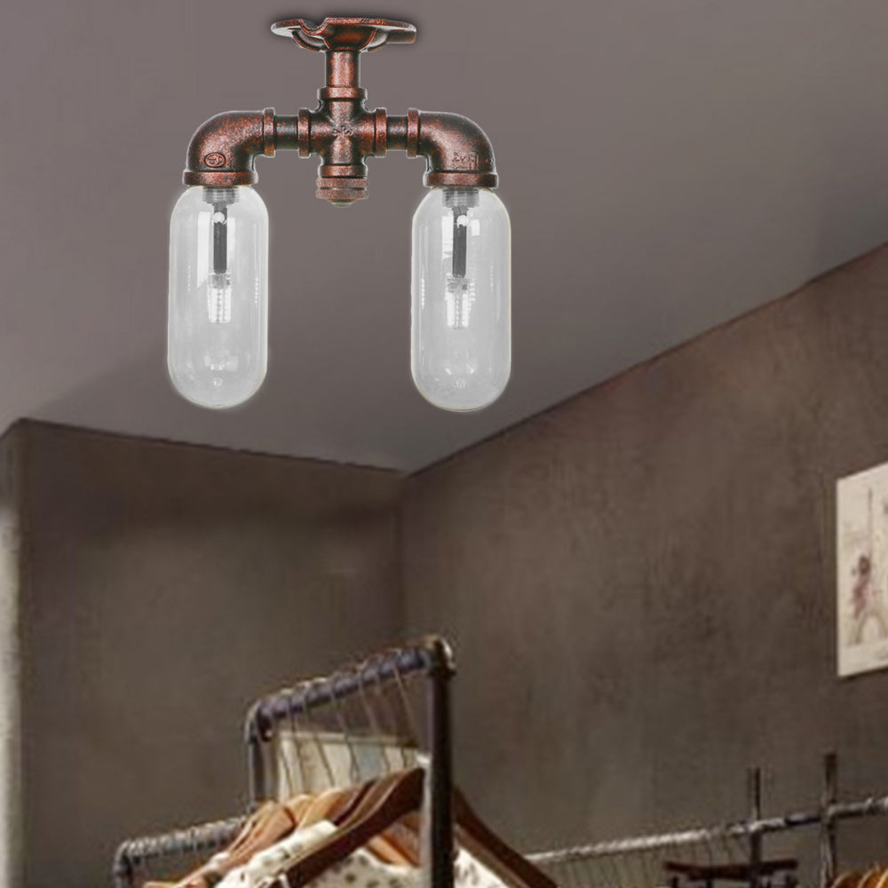 Capsule Dining Room Semi Flush Industrial Clear Glass 2 Lights Weathered Copper Ceiling Lighting with Pipe Design Weathered Copper C Clearhalo 'Ceiling Lights' 'Close To Ceiling Lights' 'Close to ceiling' 'Semi-flushmount' Lighting' 199449