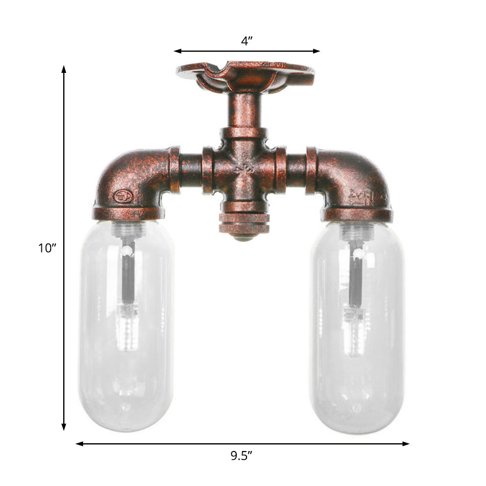 Capsule Dining Room Semi Flush Industrial Clear Glass 2 Lights Weathered Copper Ceiling Lighting with Pipe Design Clearhalo 'Ceiling Lights' 'Close To Ceiling Lights' 'Close to ceiling' 'Semi-flushmount' Lighting' 199452