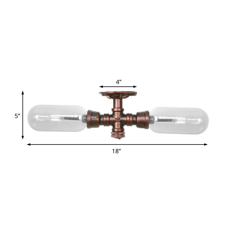 Capsule Dining Room Semi Flush Industrial Clear Glass 2 Lights Weathered Copper Ceiling Lighting with Pipe Design Clearhalo 'Ceiling Lights' 'Close To Ceiling Lights' 'Close to ceiling' 'Semi-flushmount' Lighting' 199456