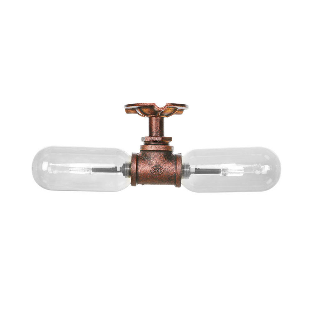 Capsule Shade Living Room Semi Flush Light Vintage Clear Glass 2-Light Weathered Copper Ceiling Lighting with Pipe Design Clearhalo 'Ceiling Lights' 'Close To Ceiling Lights' 'Close to ceiling' 'Semi-flushmount' Lighting' 199472