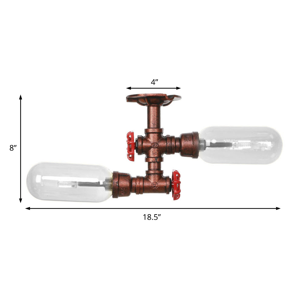 Capsule Shade Living Room Semi Flush Light Vintage Clear Glass 2-Light Weathered Copper Ceiling Lighting with Pipe Design Clearhalo 'Ceiling Lights' 'Close To Ceiling Lights' 'Close to ceiling' 'Semi-flushmount' Lighting' 199477