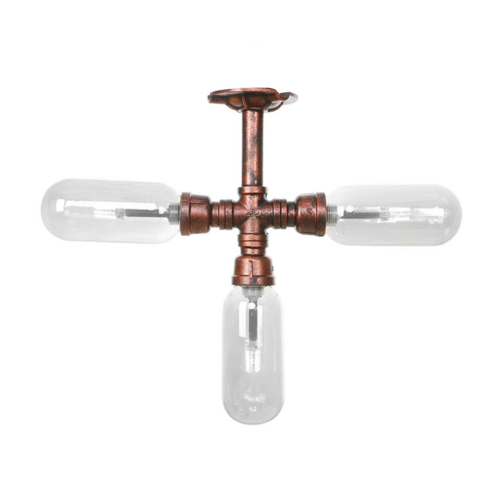 Clear Glass Semi Mount Lighting Industrial Weathered Copper 3/4/5 Light Oval Shade Indoor Ceiling Light with Pipe Design Clearhalo 'Ceiling Lights' 'Close To Ceiling Lights' 'Close to ceiling' 'Semi-flushmount' Lighting' 199521