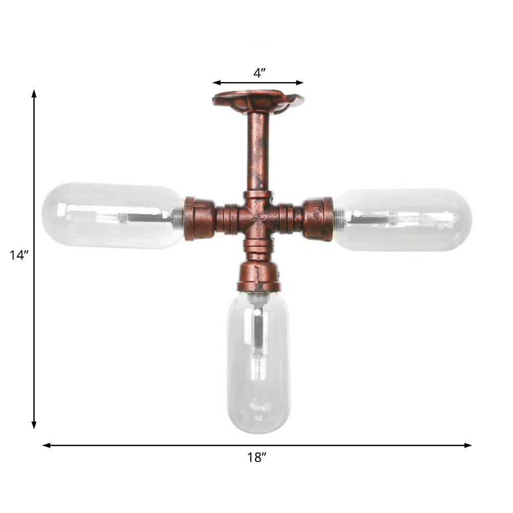 Clear Glass Semi Mount Lighting Industrial Weathered Copper 3/4/5 Light Oval Shade Indoor Ceiling Light with Pipe Design Clearhalo 'Ceiling Lights' 'Close To Ceiling Lights' 'Close to ceiling' 'Semi-flushmount' Lighting' 199522