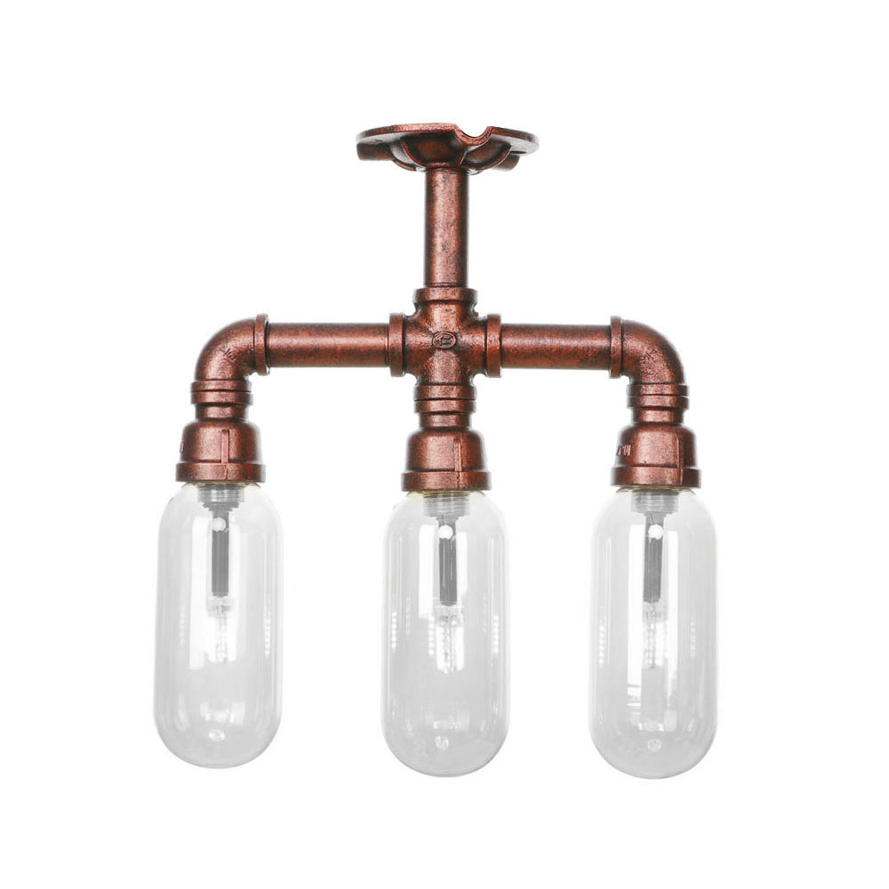 Clear Glass Semi Mount Lighting Industrial Weathered Copper 3/4/5 Light Oval Shade Indoor Ceiling Light with Pipe Design Clearhalo 'Ceiling Lights' 'Close To Ceiling Lights' 'Close to ceiling' 'Semi-flushmount' Lighting' 199525