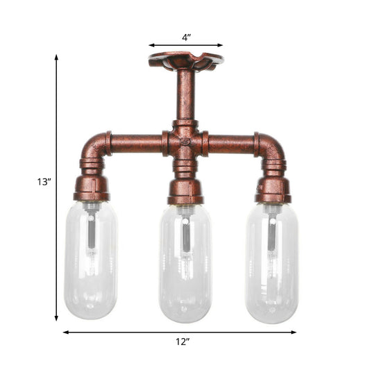 Clear Glass Semi Mount Lighting Industrial Weathered Copper 3/4/5 Light Oval Shade Indoor Ceiling Light with Pipe Design Clearhalo 'Ceiling Lights' 'Close To Ceiling Lights' 'Close to ceiling' 'Semi-flushmount' Lighting' 199526