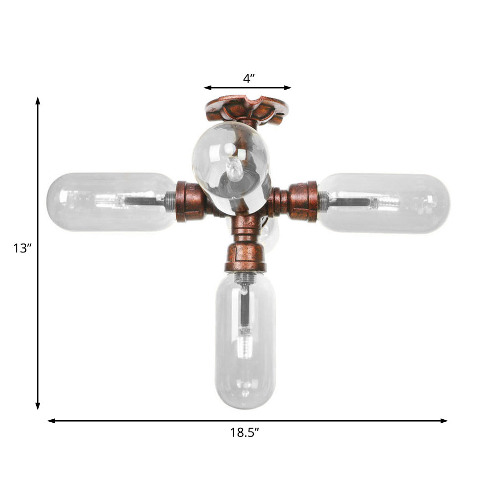 Clear Glass Semi Mount Lighting Industrial Weathered Copper 3/4/5 Light Oval Shade Indoor Ceiling Light with Pipe Design Clearhalo 'Ceiling Lights' 'Close To Ceiling Lights' 'Close to ceiling' 'Semi-flushmount' Lighting' 199530