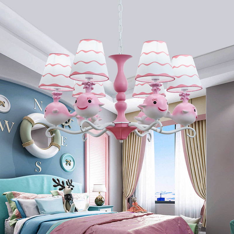 Designer Tapered Shade Hanging Ceiling Lamp with Animal 6 Lights Fabric Hanging Chandelier for Bedroom Pink Clearhalo 'Ceiling Lights' 'Chandeliers' Lighting' options 199552_96d22e82-542e-4ff5-be59-cc8f7a8b67d0