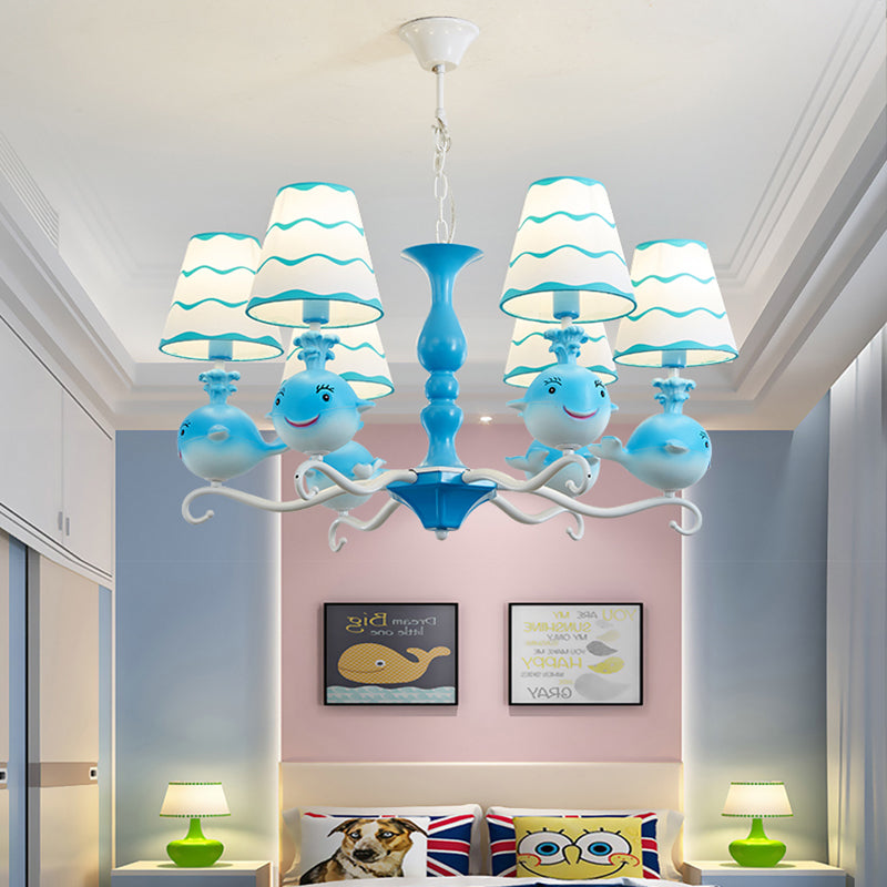 Designer Tapered Shade Hanging Ceiling Lamp with Animal 6 Lights Fabric Hanging Chandelier for Bedroom Blue Clearhalo 'Ceiling Lights' 'Chandeliers' Lighting' options 199556_2ff0fdfc-22d6-4d7b-bb65-c94e53e3b81a