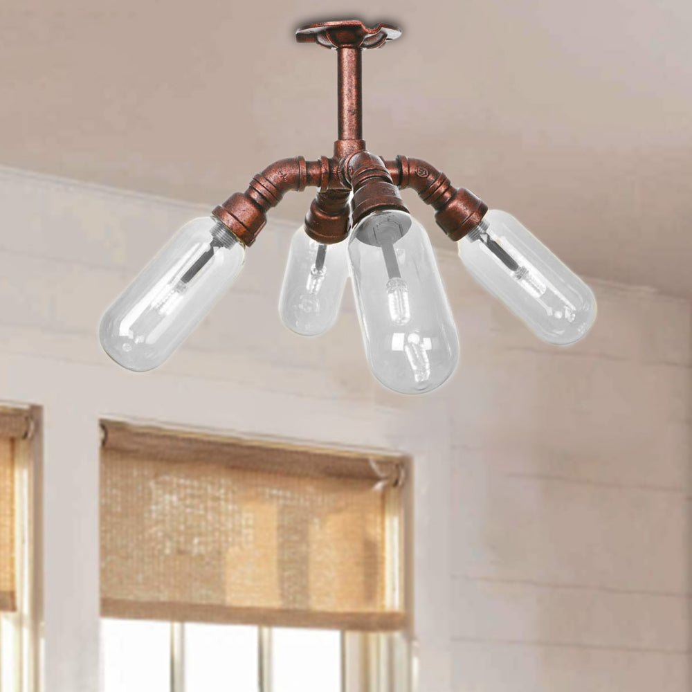 Antique Copper Sputnik Semi Flush Light Vintage Clear Glass 4/6 Light Dining Room Ceiling Lighting Fixture with Pipe Design Weathered Copper D Clearhalo 'Ceiling Lights' 'Close To Ceiling Lights' 'Close to ceiling' 'Semi-flushmount' Lighting' 199566