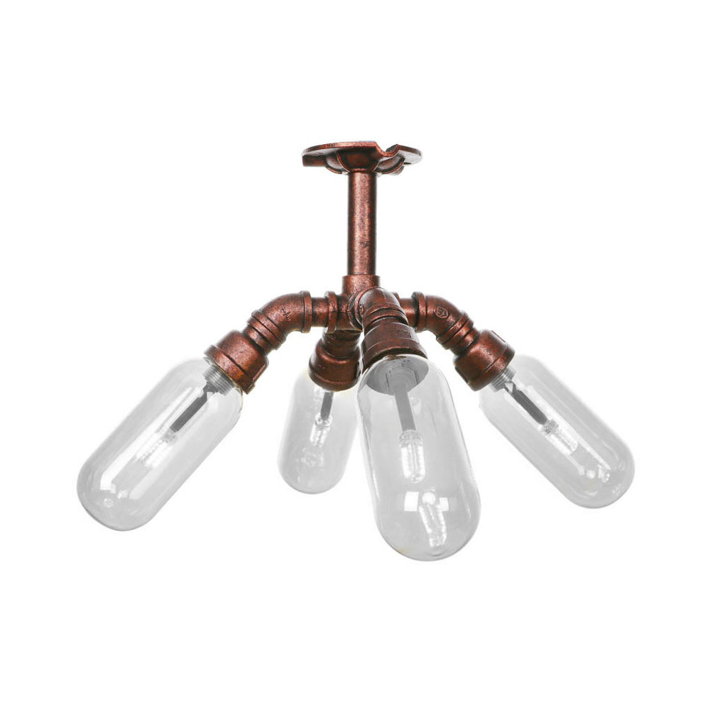 Antique Copper Sputnik Semi Flush Light Vintage Clear Glass 4/6 Light Dining Room Ceiling Lighting Fixture with Pipe Design Clearhalo 'Ceiling Lights' 'Close To Ceiling Lights' 'Close to ceiling' 'Semi-flushmount' Lighting' 199568