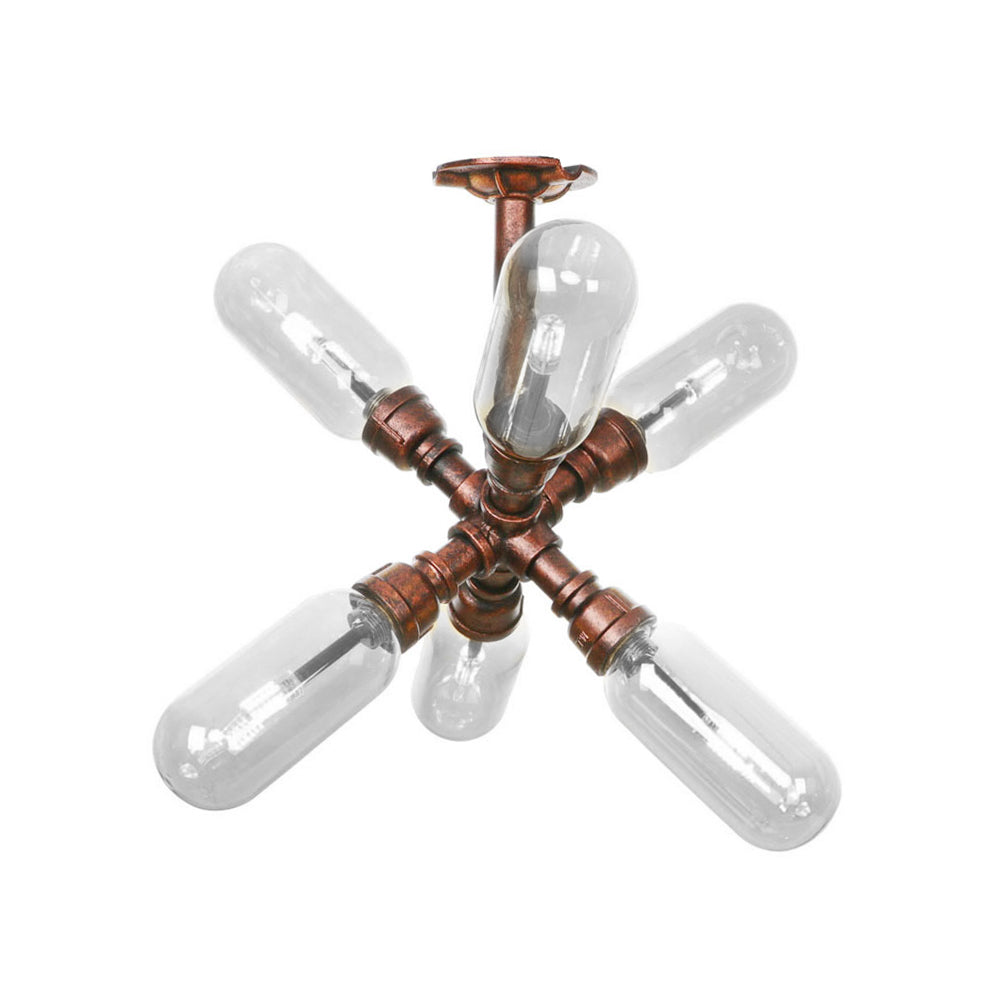 Antique Copper Sputnik Semi Flush Light Vintage Clear Glass 4/6 Light Dining Room Ceiling Lighting Fixture with Pipe Design Clearhalo 'Ceiling Lights' 'Close To Ceiling Lights' 'Close to ceiling' 'Semi-flushmount' Lighting' 199572