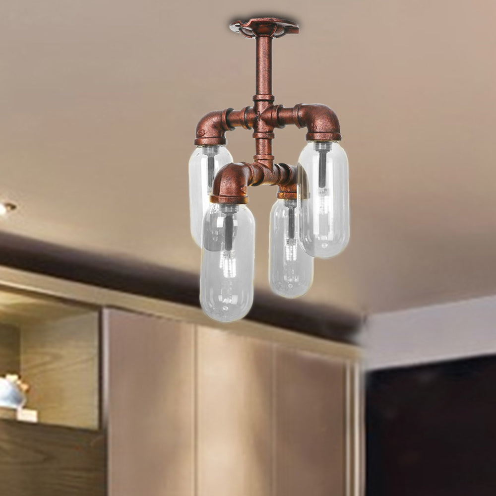 Antique Copper Sputnik Semi Flush Light Vintage Clear Glass 4/6 Light Dining Room Ceiling Lighting Fixture with Pipe Design Weathered Copper A Clearhalo 'Ceiling Lights' 'Close To Ceiling Lights' 'Close to ceiling' 'Semi-flushmount' Lighting' 199574