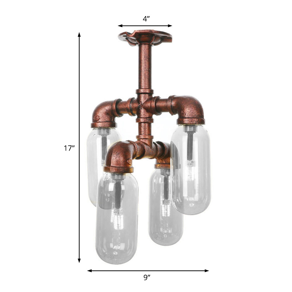 Antique Copper Sputnik Semi Flush Light Vintage Clear Glass 4/6 Light Dining Room Ceiling Lighting Fixture with Pipe Design Clearhalo 'Ceiling Lights' 'Close To Ceiling Lights' 'Close to ceiling' 'Semi-flushmount' Lighting' 199577