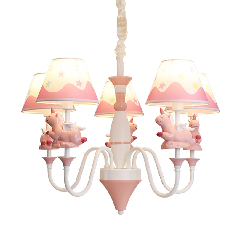 Bedroom Tapered Shade Hanging Lights Metal 5 Lights Cartoon Unicorn Chandelier in Blue/Gold/Pink Clearhalo 'Ceiling Lights' 'Chandeliers' Lighting' options 199593