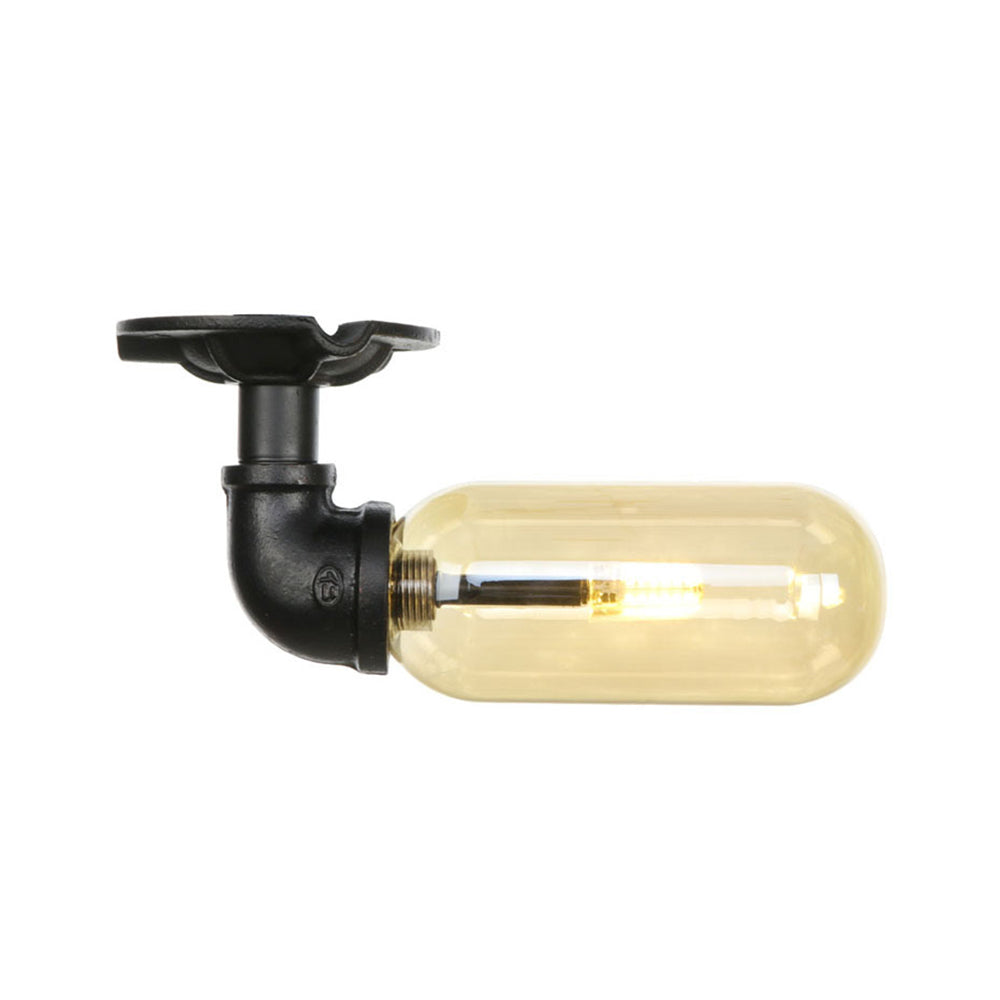 Black Capsule Shade Semi Flush Mount Light Industrial Amber Glass 1 Light Indoor Ceiling Lighting Fixture with Pipe Design Clearhalo 'Ceiling Lights' 'Close To Ceiling Lights' 'Close to ceiling' 'Semi-flushmount' Lighting' 199603