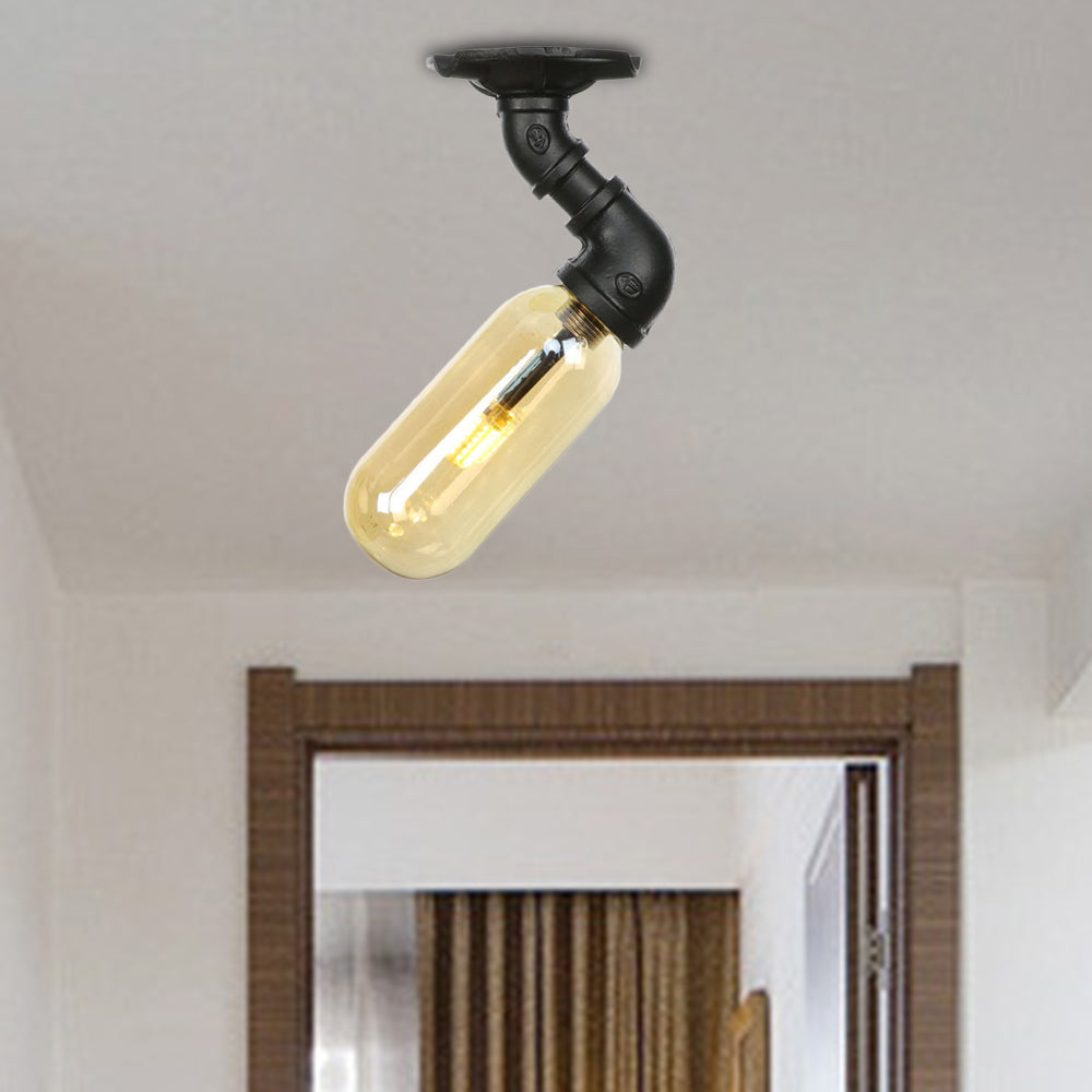 Black Capsule Shade Semi Flush Mount Light Industrial Amber Glass 1 Light Indoor Ceiling Lighting Fixture with Pipe Design Black A Clearhalo 'Ceiling Lights' 'Close To Ceiling Lights' 'Close to ceiling' 'Semi-flushmount' Lighting' 199605