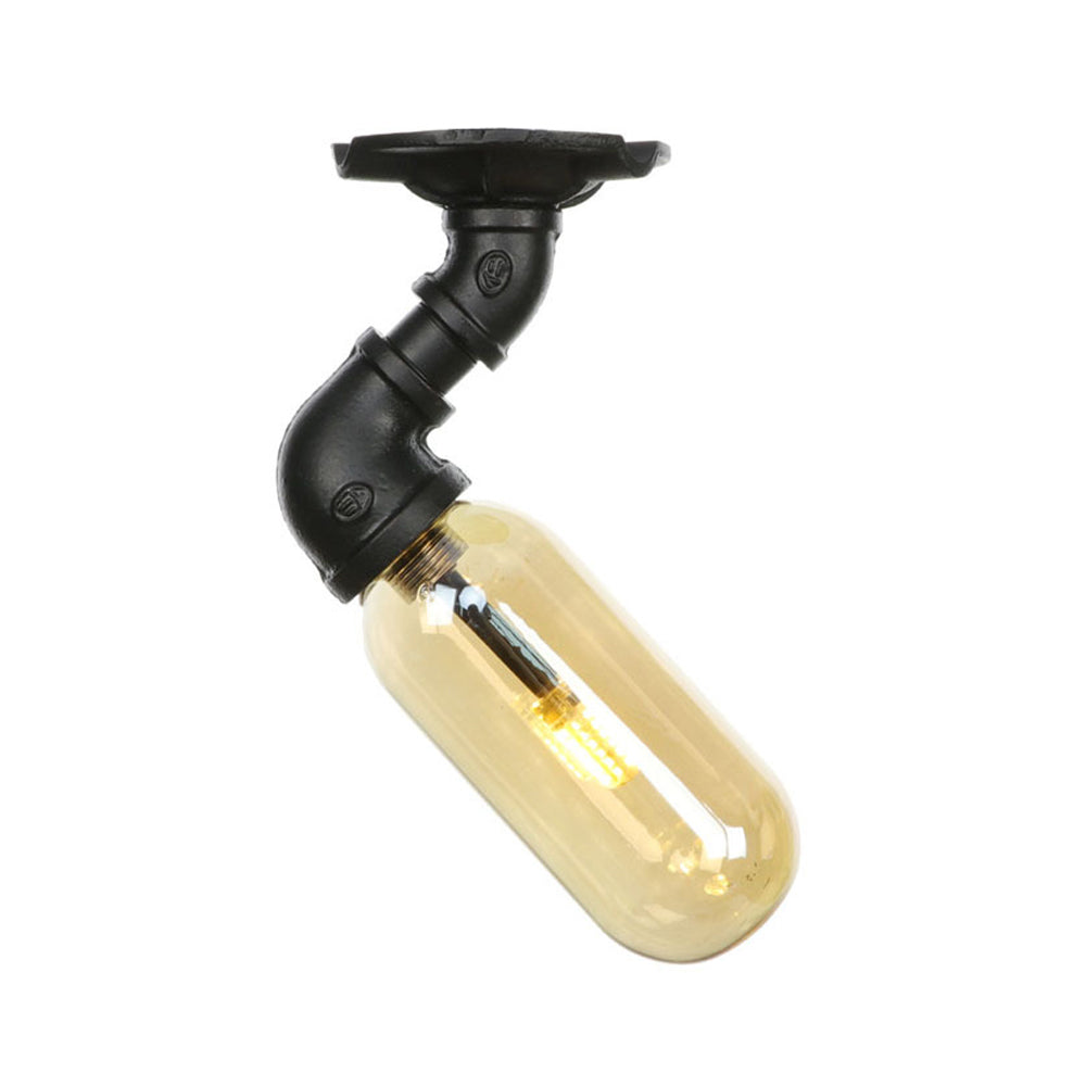 Black Capsule Shade Semi Flush Mount Light Industrial Amber Glass 1 Light Indoor Ceiling Lighting Fixture with Pipe Design Clearhalo 'Ceiling Lights' 'Close To Ceiling Lights' 'Close to ceiling' 'Semi-flushmount' Lighting' 199607