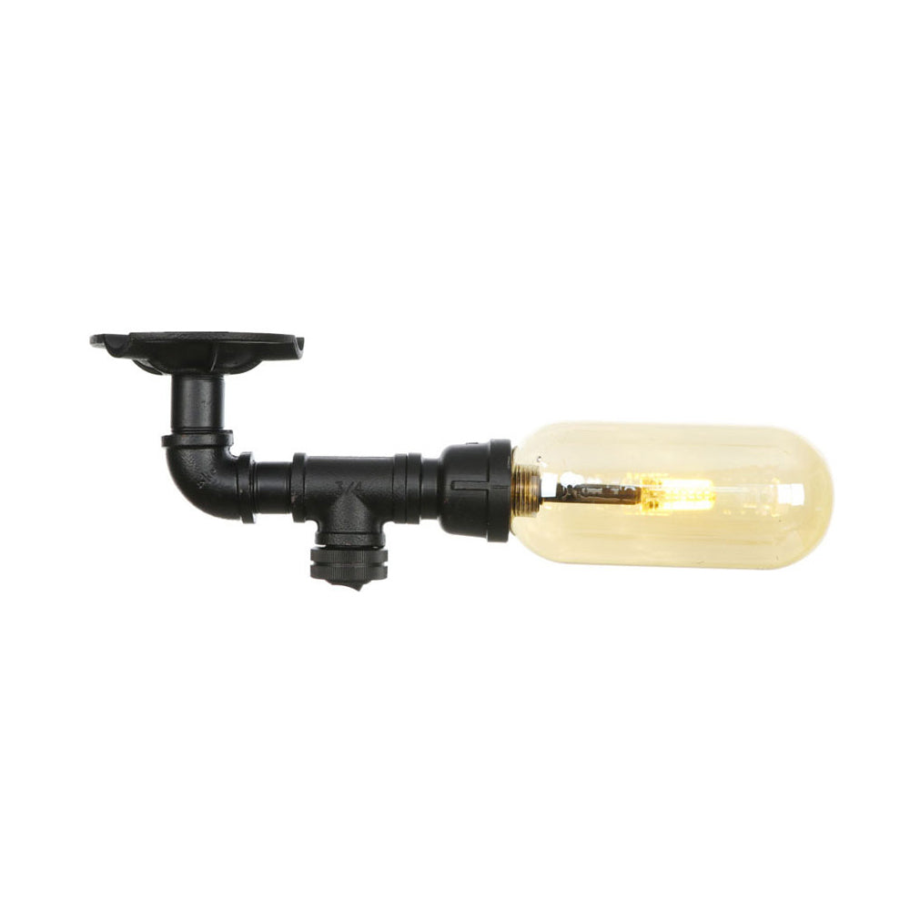 Black Capsule Shade Semi Flush Mount Light Industrial Amber Glass 1 Light Indoor Ceiling Lighting Fixture with Pipe Design Clearhalo 'Ceiling Lights' 'Close To Ceiling Lights' 'Close to ceiling' 'Semi-flushmount' Lighting' 199611