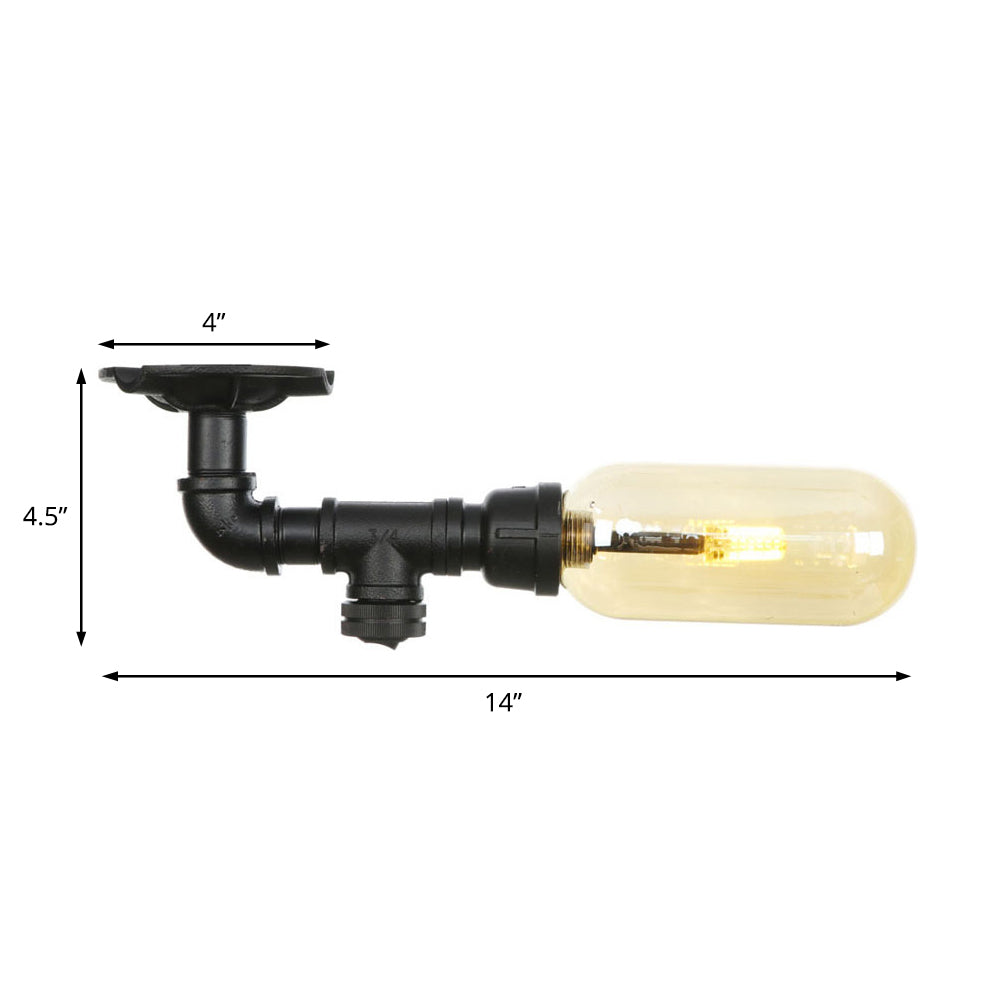 Black Capsule Shade Semi Flush Mount Light Industrial Amber Glass 1 Light Indoor Ceiling Lighting Fixture with Pipe Design Clearhalo 'Ceiling Lights' 'Close To Ceiling Lights' 'Close to ceiling' 'Semi-flushmount' Lighting' 199612