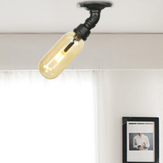 Black Capsule Shade Semi Flush Mount Light Industrial Amber Glass 1 Light Indoor Ceiling Lighting Fixture with Pipe Design Black D Clearhalo 'Ceiling Lights' 'Close To Ceiling Lights' 'Close to ceiling' 'Semi-flushmount' Lighting' 199613