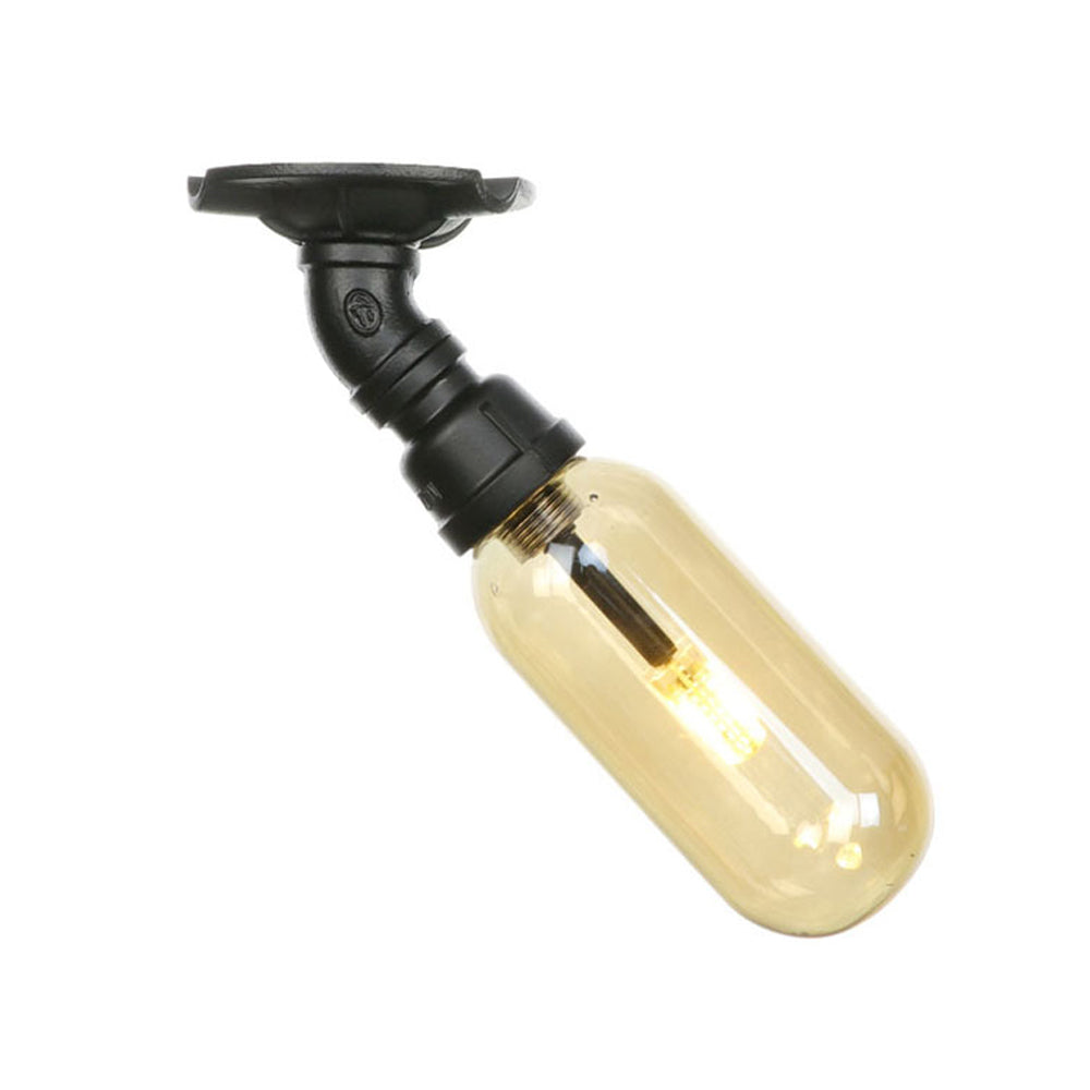 Black Capsule Shade Semi Flush Mount Light Industrial Amber Glass 1 Light Indoor Ceiling Lighting Fixture with Pipe Design Clearhalo 'Ceiling Lights' 'Close To Ceiling Lights' 'Close to ceiling' 'Semi-flushmount' Lighting' 199615